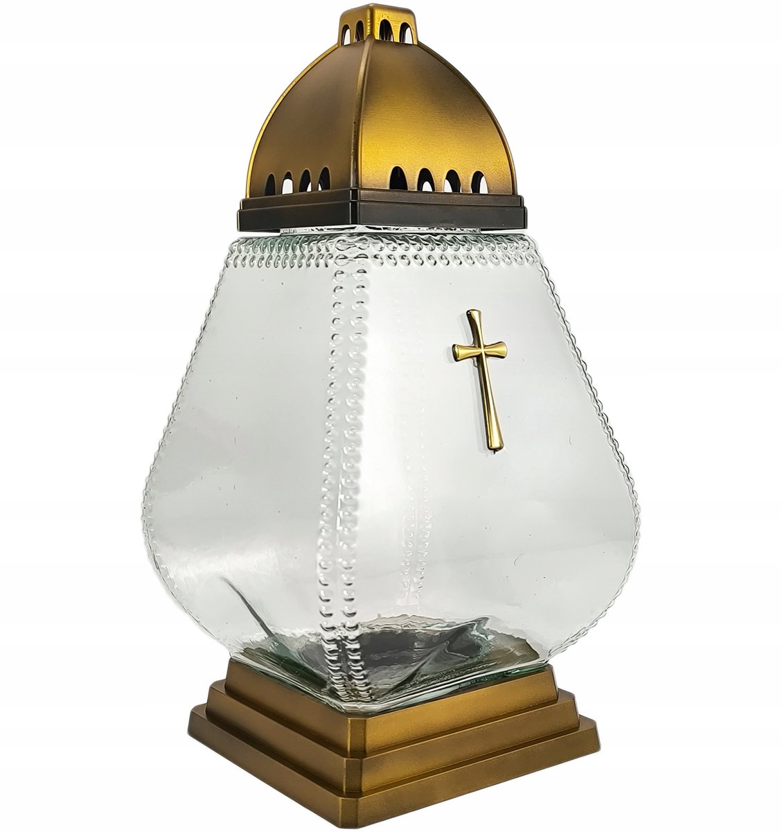 Elegante Glazen Znicz met Gouden Kruis - 31cm