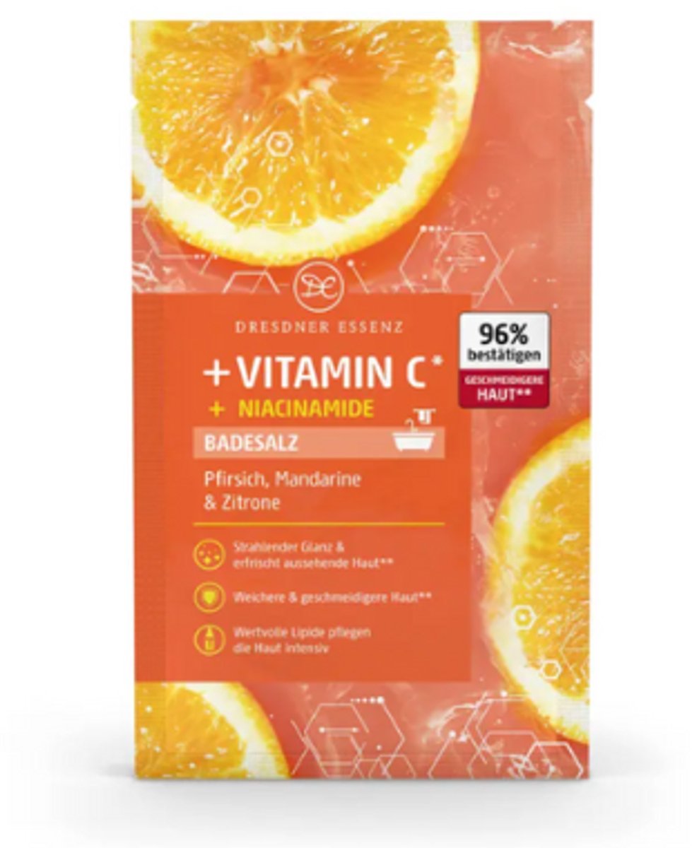Badzout Vitamin C + Niacinamide - Dresdner Essenz | 1x 80g - Verkwikkend Badzout met Perzik, Mandarijn & Citroen