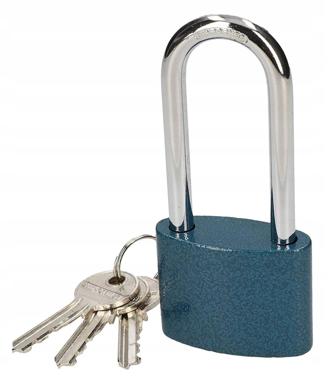 Merkloze blauwe gietijzeren hangslot 38mm met lange beugel - 3 sleutels