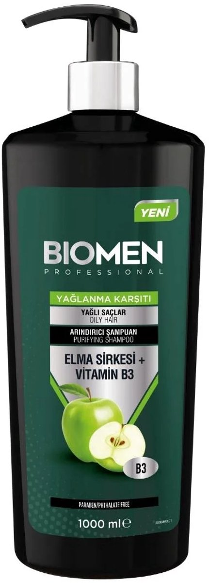 Biomen shampoo voor Vet Haar - Professional Appelazijn & Vitamine B3 Anti-Vet Zuiverende Shampoo 1000 ml – Diepe Zuiverende en Balancerende Verzorging voor Vet Haar - vet haar - Bio shampoo - Herbal shampoo - haarverzorging