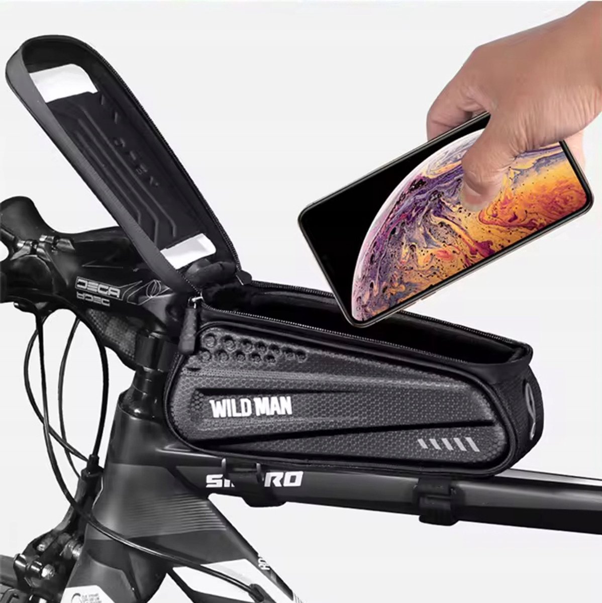 Waterdichte fietsframetas met telefoonhouder (1L)