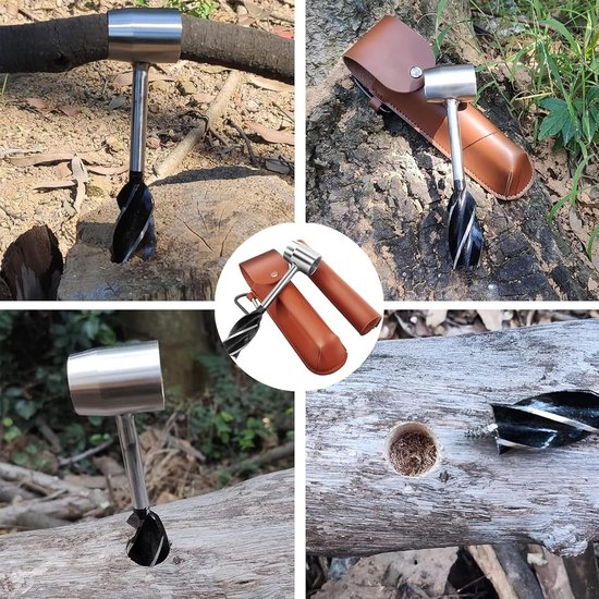 1-delige set handboorset voor overleven in de wildernis - draagbaar ontwerp met leren etui - handboor voor kamperen en buitenactiviteiten - rugzakboor voor op reis - 38*26*168 mm - geschikt voor kamperen, overleven in de wildernis, reizen - bruin. — afbeelding 2