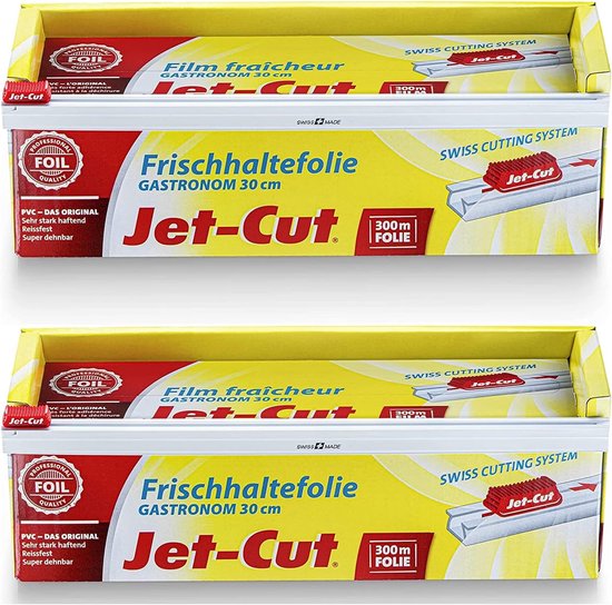 Deux paquets de film fraîcheur jaune Jet-Cut avec "SWISS CUTTING SYSTEM" et découpeur rouge "Jet-Cut".
