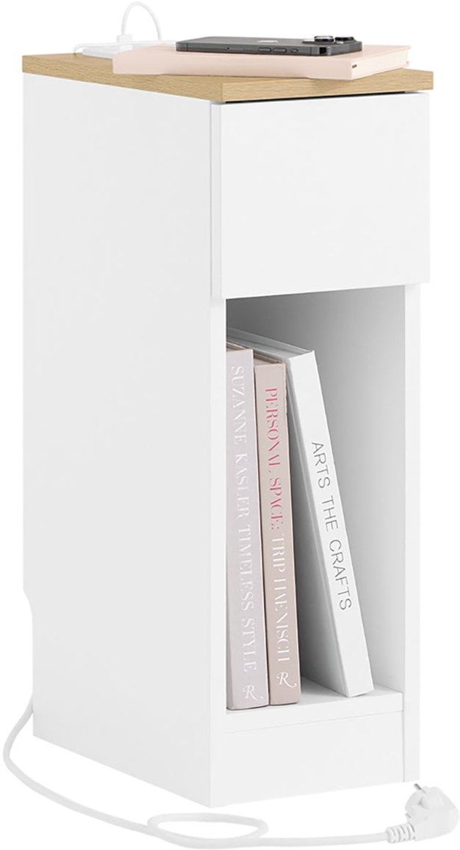 SoBuy Slim Nachtkastje met Oplaadstation, Smal Bijzettafeltje met Standaard Stopcontact, USB-poort en Type-C Poort voor Slaapkamer en Woonkamer, B20 x D35 x H60 cm, Wit, FBT111-E-WN