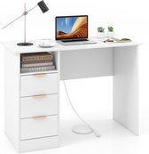 COSTWAY Bureau avec 3 tiroirs et station de charge, petit bureau informatique, bureau pour enfants, bureau moderne, table PC pour chambre à coucher, bureau de travail, bureau, blanc, 108 x 48 x 76 cm