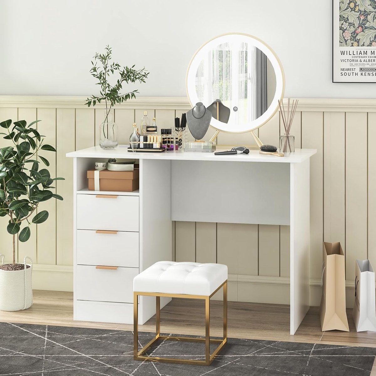 COSTWAY Bureau met 3 laden en laadstation, kleine computertafel, kinderbureau, moderne bureautafel, pc-tafel voor slaapkamer, werkkamer, kantoor, wit, 108 x 48 x 76 cm thumbnail 3