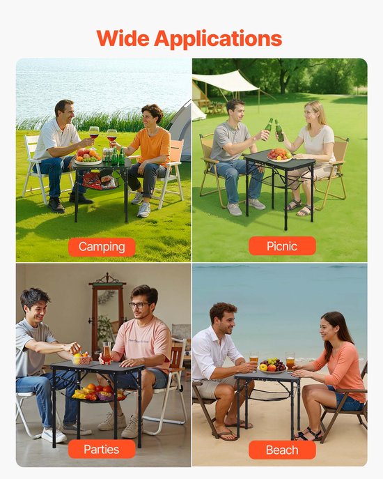 Opvouwbare kampeertafel, in hoogte verstelbare draagbare bijzettafel, aluminium MDF-buitentafel met gaasplank, draaggreep, lichtgewicht en compact voor picknicks, barbecues en koken, 61 x 41 cm, zwart — afbeelding 3