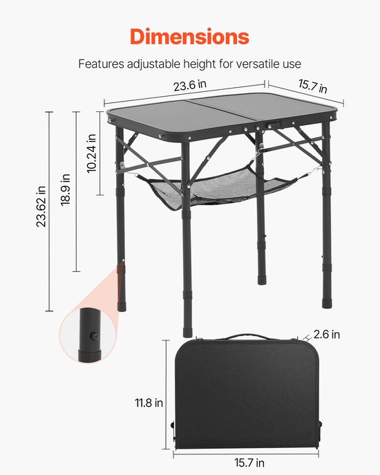 Opvouwbare kampeertafel, in hoogte verstelbare draagbare bijzettafel, aluminium MDF-buitentafel met gaasplank, draaggreep, lichtgewicht en compact voor picknicks, barbecues en koken, 61 x 41 cm, zwart — afbeelding 2