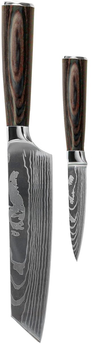Shinrai Knives - Damascus Print 2-delige Messenset - Kiritsuke + Schilmes - Koksmes - Vleesmes - Hakmes - Broodmes