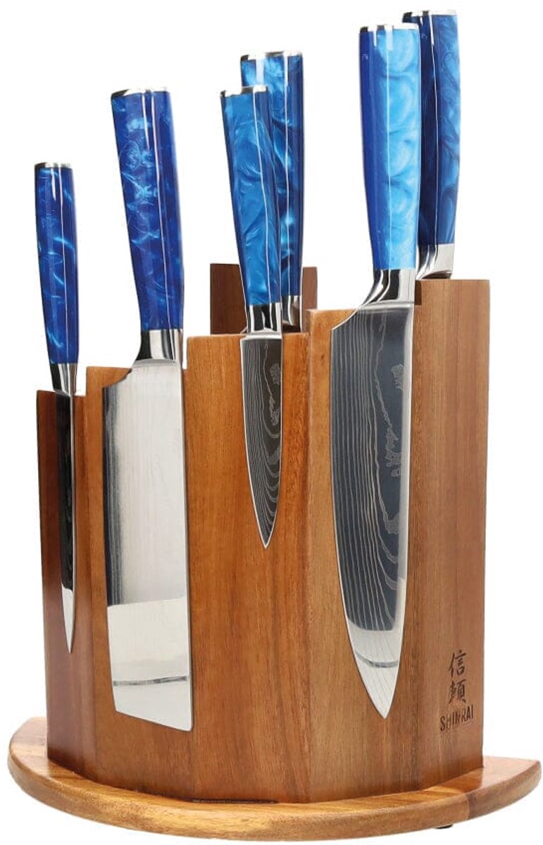 Shinrai Knives - Epoxy Sapphire Damascus Print 6-delige Messenset + Magnetisch Messenblok Scalae - Acacia hout - Vleesmes - Hakmes