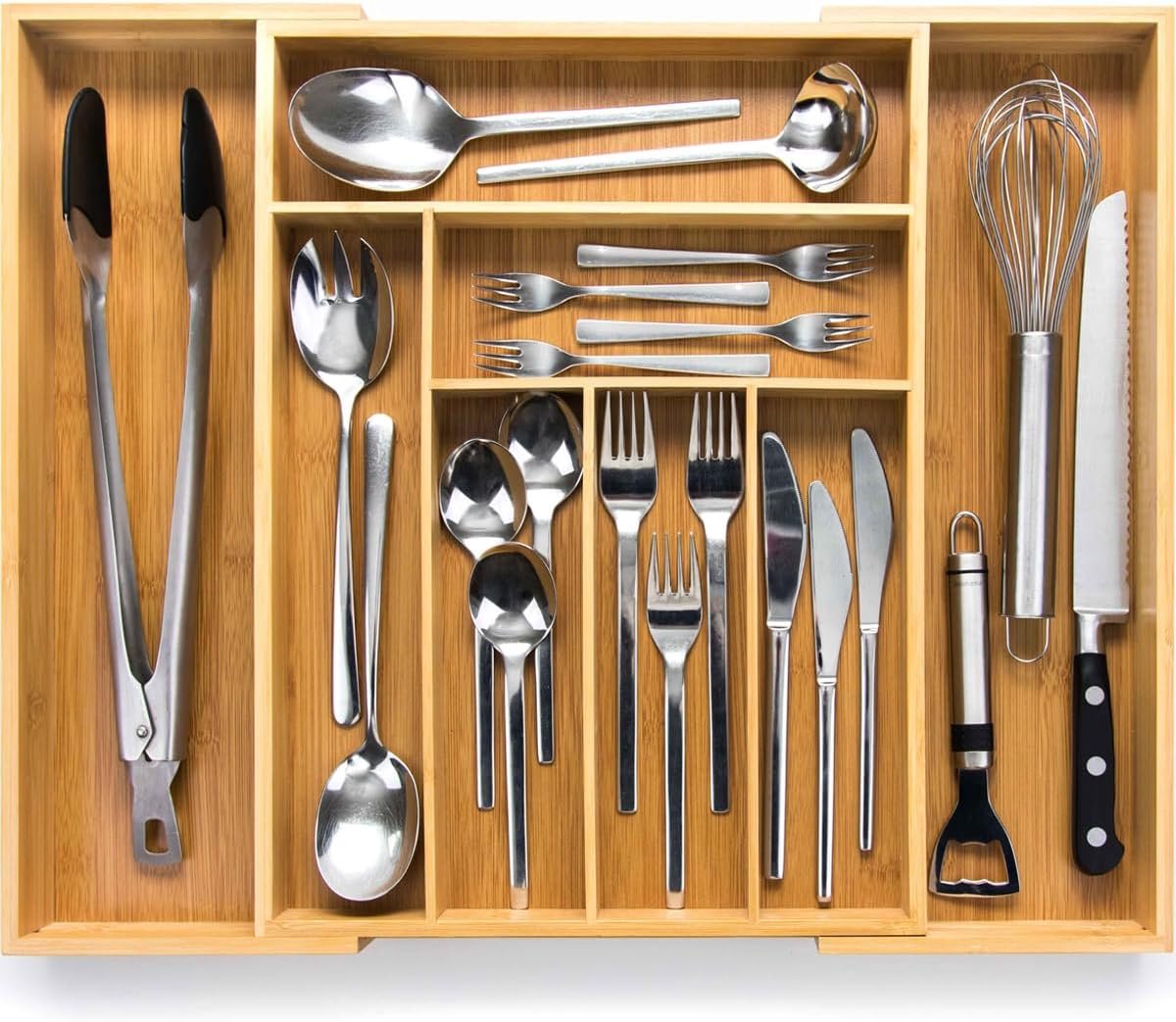 Famanu - Bamboe bestekbak #43, uitschuifbare keukenlade-organizer met verstelbare vakken, duurzaam design