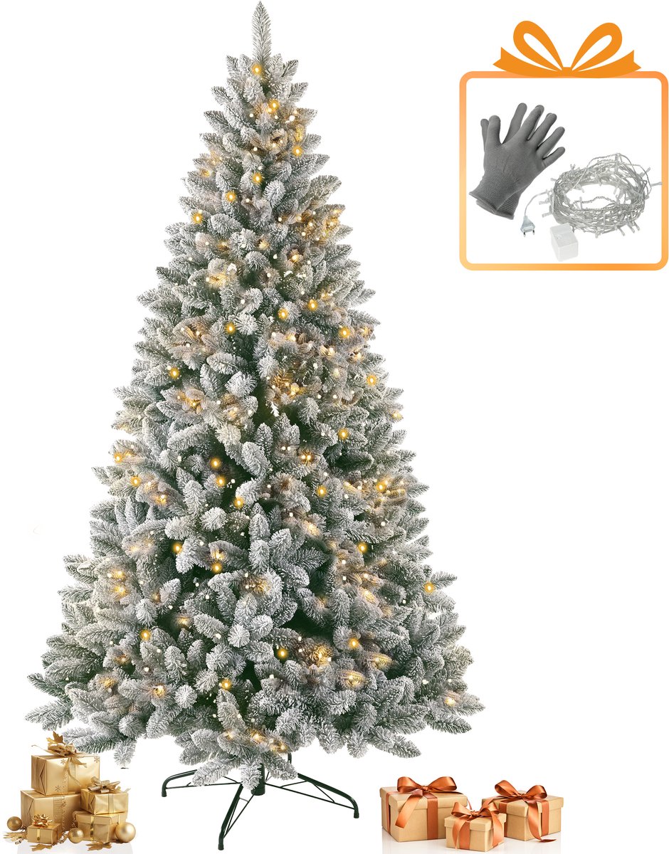 Sinaopus Kunstkerstboom – Met sneeuw - Frosted Kingdom - Met verlichting (Gratis lichtsnoer) – 989 takken – PVC milieuvriendelijk materiaal – Metalen standaard – Snel opzetten – Opvouwbare takken – 185 cm Besneeuwde top