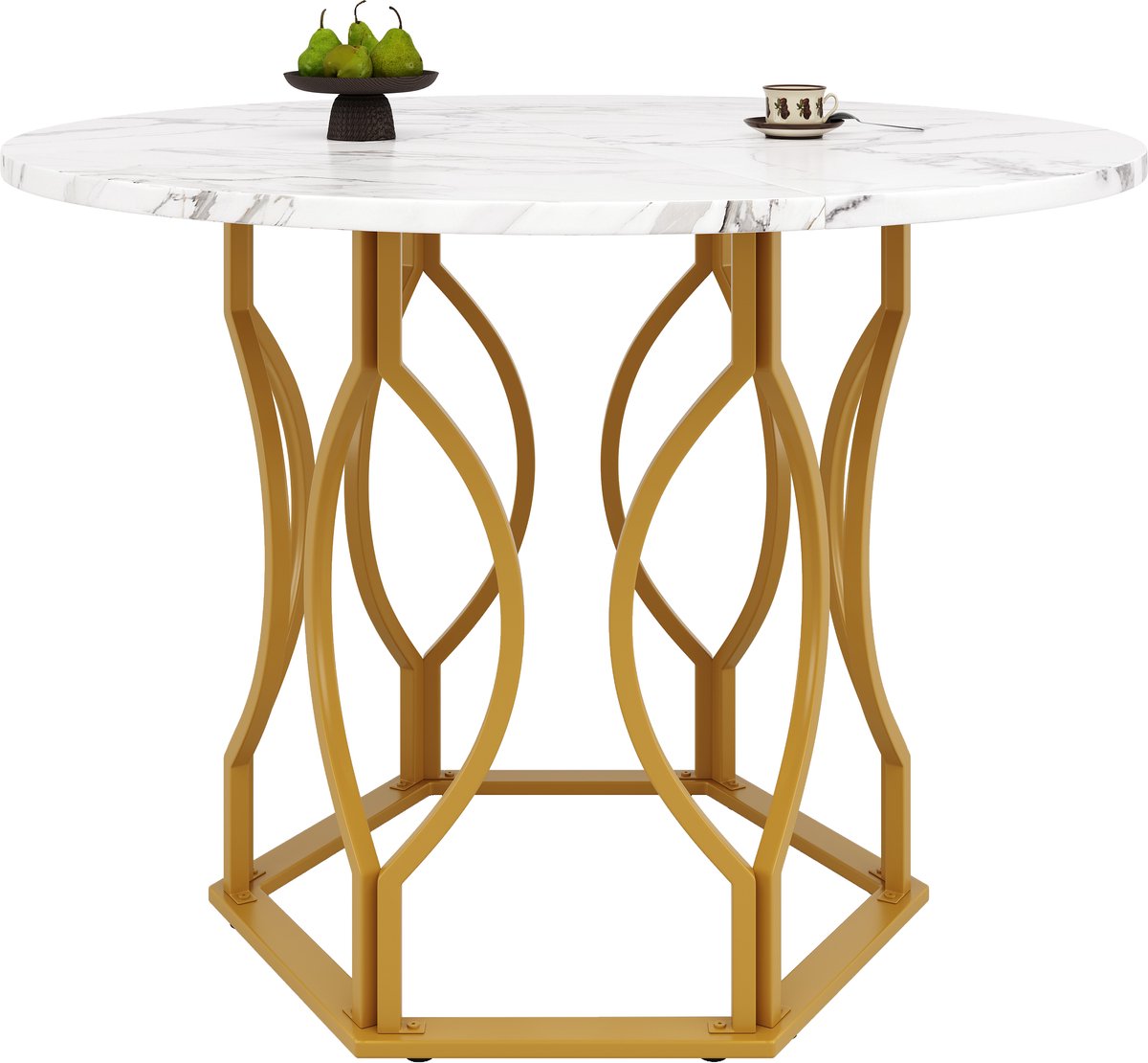 Ronde eettafel 100x100x76 cm - keukentafel - salontafel - marmeren look tafelblad - gouden zeshoekige tafelpoten