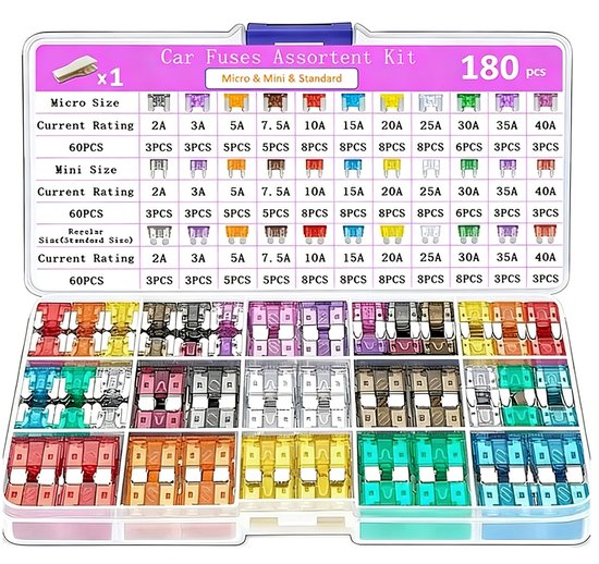 longziming Autozekeringen Set 180-delig - Meszekeringen Mix - Universeel Assortiment voor Auto, Motorfiets, Camper - Autozekering Set - 2A-40A - 180 stuks