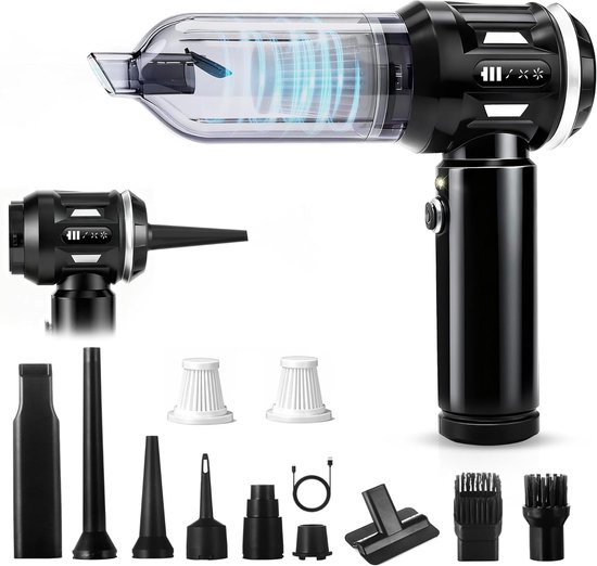 NETTLIFE - Kruimelzuiger - Handstofzuiger - Accu Mini Stofzuiger Draadloos - 25000Pa - 4-in-1 Autostoofzuiger - 3 standen - Draagbare stofzuiger - voor auto Huishouden Dierenharen - Zwart