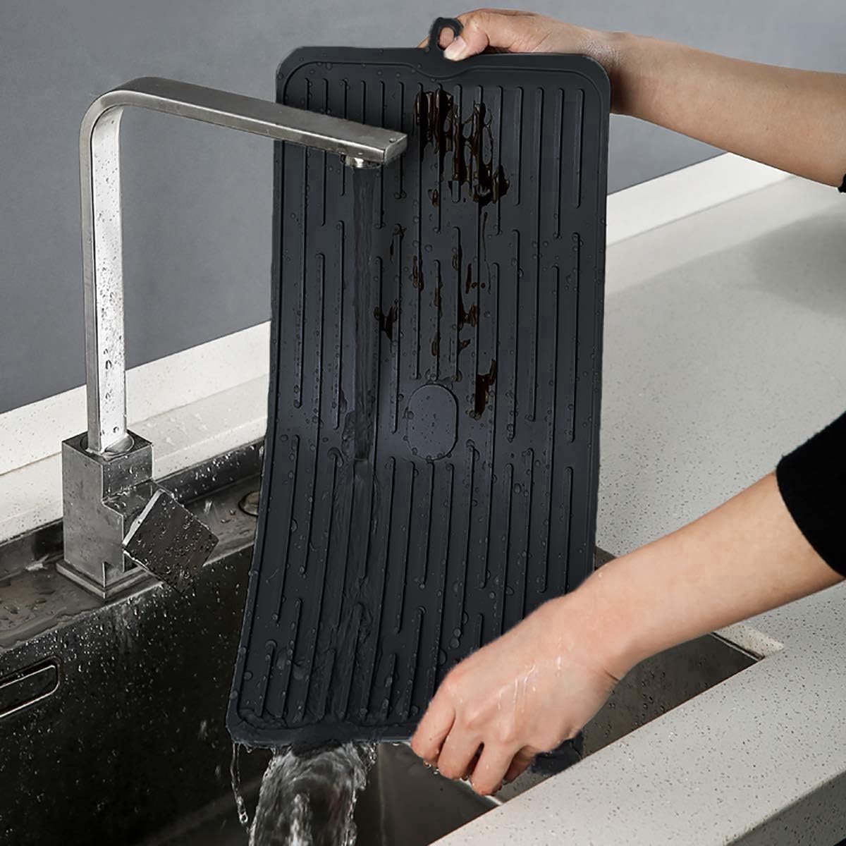 Stunq® Afdruipmat voor keuken, afdruiprooster van siliconen, zwart (44 x 20 cm), afdruiprek gootsteen, antislip, hittebestendig en vaatwasmachinebestendig, voor het opbergen van bestek, servies, flessen