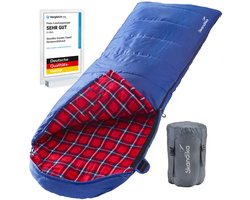 Skandika Dundee Flannel-R Slaapzak – Dekenmodel slaapzakken – Slaapzakken volwassen - Maat M – Unisex - Katoen, luxe kwaliteit, dubbele slaapzak, 3 seizoenen, tot -20°C - 220 x 80 cm - Outdoor kampeerslaapzak – Ritssluiting rechts - blauw/rood