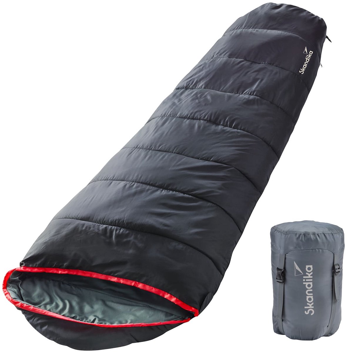 Skandika Alaska-L Slaapzak - Mummieslaapzakken – Slaapzakken volwassen - Maat M – Unisex - Katoen, polyester, luxe kwaliteit, dubbele slaapzak, comfortabele hoofdgedeelte, draagtas meegeleverd, tot -10°C - 220 x 80 cm – Ritssluiting links - zwart