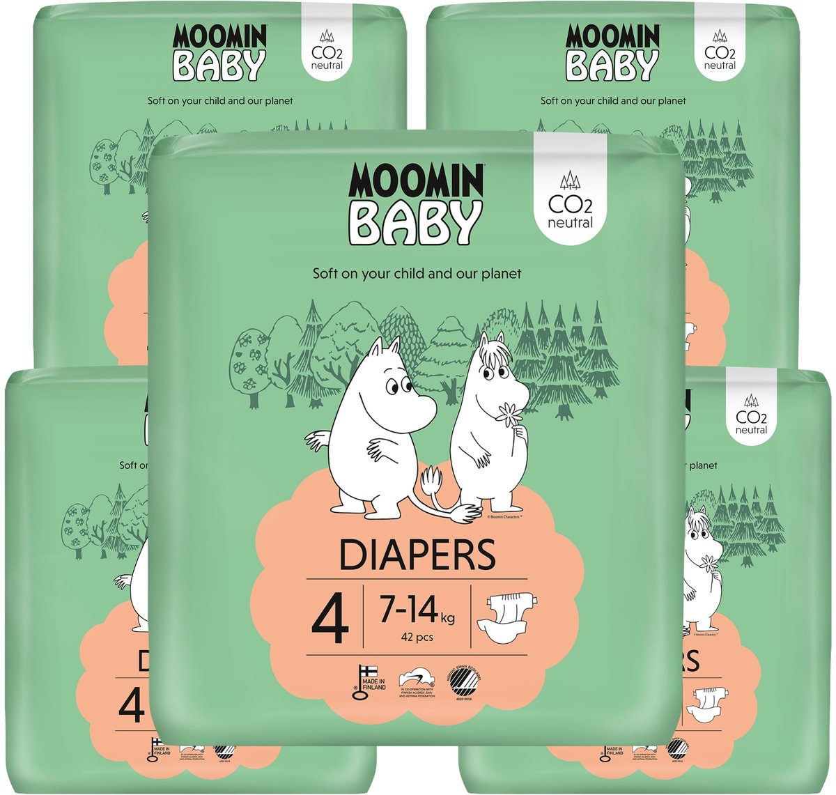 Moomin Baby Eco Wegwerpluiers - 210 stuks - Maat 4 - 7 t/m 14 kg - Hypoallergeen – Gevoelige Huid – Parfumvrij - MaandBox