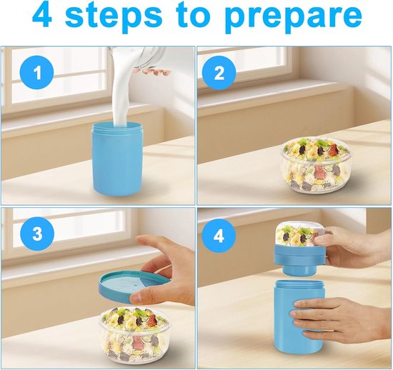 Yoghurt beker to go - Mueslibeker 2-in-1 520ml + 250ml - Dubbellaagse Lekvrije Beker - Met Lepel En Isolatie - Voor School Werk Reizen Ontbijt En Lunch - Blauwe Herbruikbare Lunchbeker - Handig Voor Onderweg - Vaatwasserbestendig — afbeelding 5