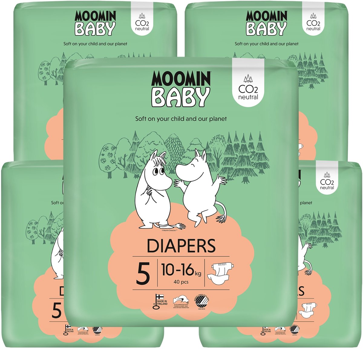 Moomin Baby Eco Wegwerpluiers - 200 stuks - Maat 5 - 10 t/m 16 kg - Hypoallergeen – Gevoelige Huid – Parfumvrij - MaandBox