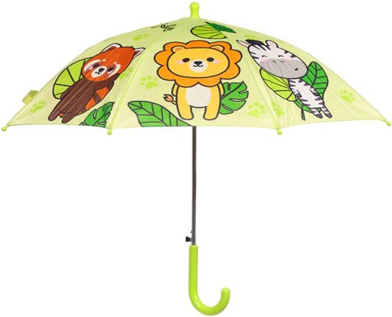 Parapluie enfant jaune pâle avec des images d'un panda roux, d'un lion et d'un zèbre parmi des feuilles vertes.