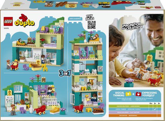 Boîte de LEGO Duplo maison familiale moderne 3-en-1 avec des images du jouet.