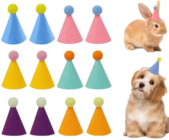 Kleurrijke, kleine feesthoedjes en een konijn en hond met feestmutsen.