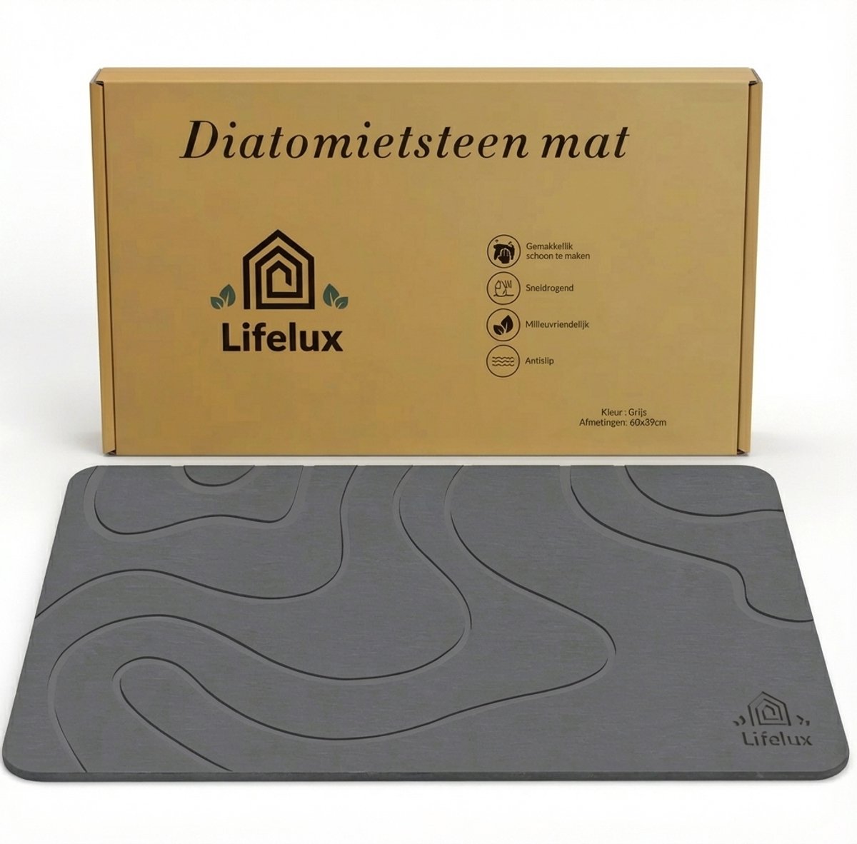 LifeLux Diatomiet stenen Badmat – Antislip Douchemat 60×40 cm – Sneldrogende Antibacterieel Stenen Badkamer Mat – ecologische badmatten 2025 Donkergrijs