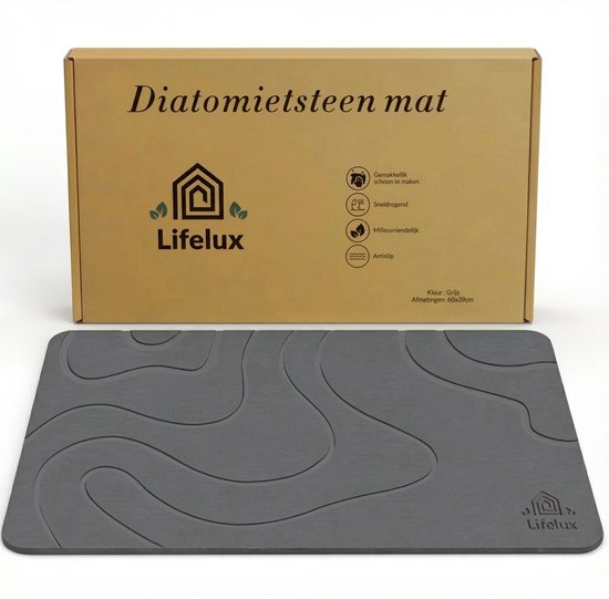 Tapis de bain antidérapant en pierre de diatomite LifeLux 60x40cm - Tapis de douche antibactérien à séchage rapide gris foncé - Tapis de bain écologique 2025