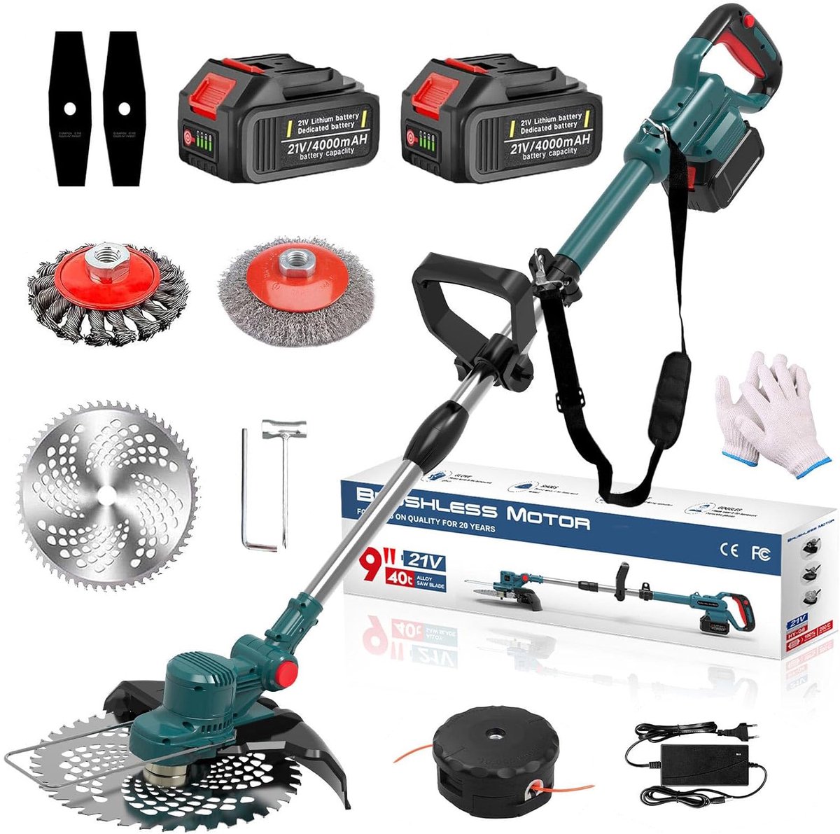 Elektrische Grastrimmer - 750W Accu Grasmaaier & 4-in-1 Trimmer met 2x 4000mAh 21V Accu + Lader - Borstelloze Motor, 4-in-1 Multifunctioneel, Verstelbaar