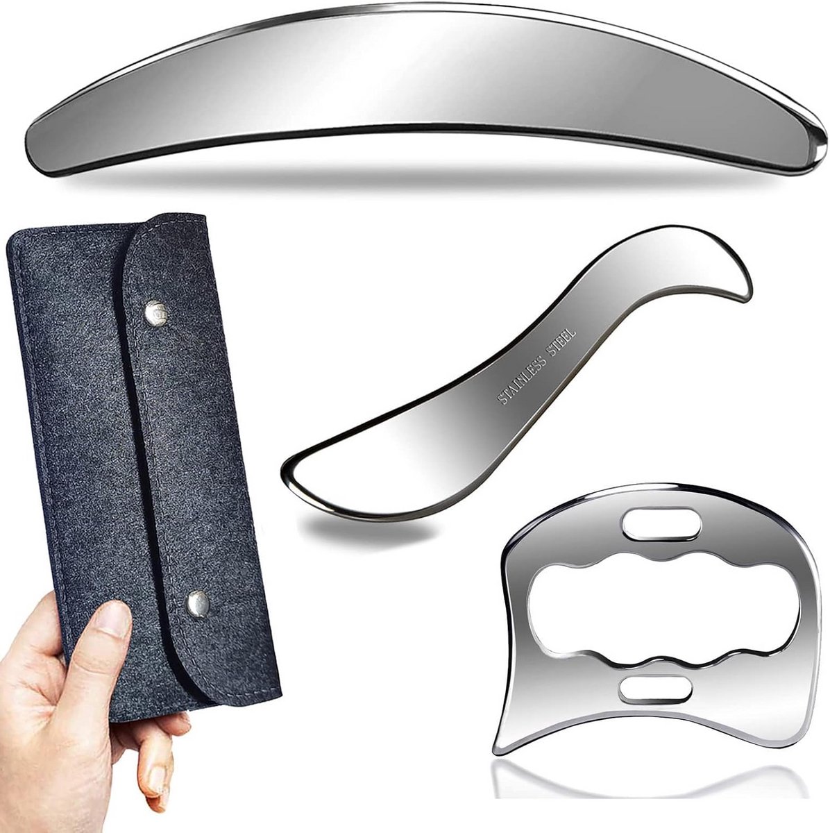 Gua Sha Massage Tool Set 3-delig Roestvrij Staal voor Spierpijn en Therapie