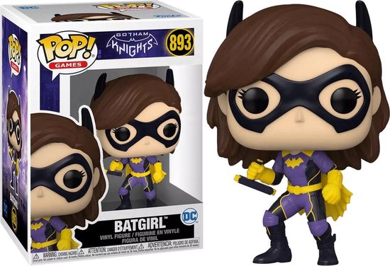 Batgirl Funko Pop figuur in paars, geel en zwart met masker en vleermuisoren.