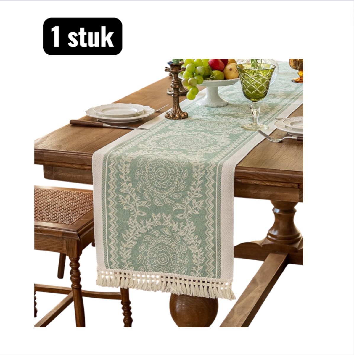 1 stuk - Tafelloper - Tabel loper - TV Meubel Beschermer - Lange Tafelkleed in Katoen Look Stijl - 350x35cm - Lange tafeldecoratie- Katoen Linnen Look - Kranspatroon- Groen