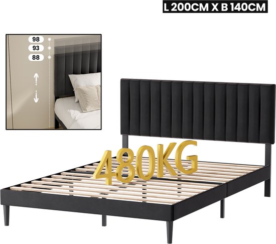 Auralum Max heavy duty metalen bedframe - Gestoffeerd bedframe - 140x200 CM - Zwart - Bedplaats Met Plat Noedelsframe en Verstelbaar Hoofdbord - Draagkracht 480 kg