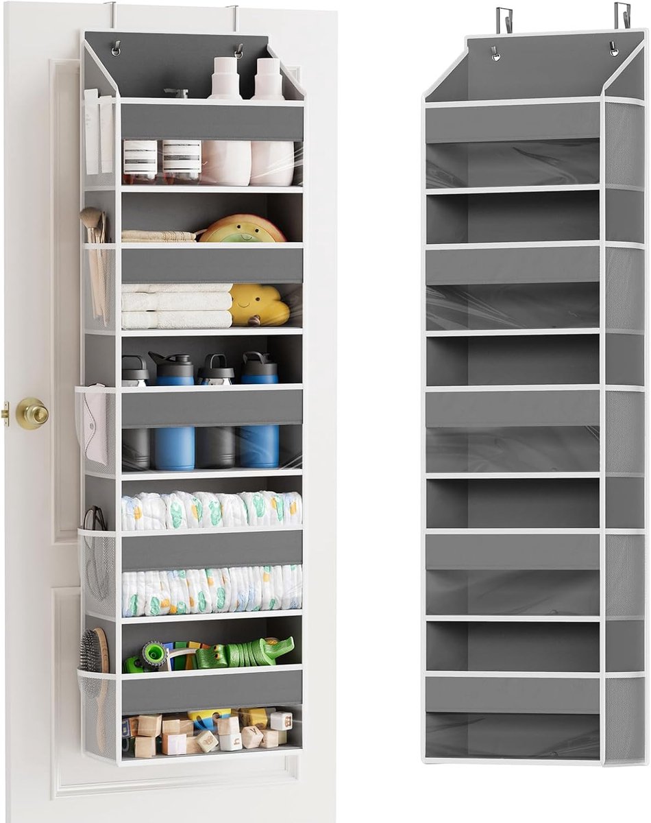 SpaceAid Deuropbund Organizer - 5 Grote Vakken + 10 Net Vakken, 5-Laags Met Doorzichtbare Vensters voor Slaapkamer, Badkamer, Keukenkast & Babykamer (Grijs)