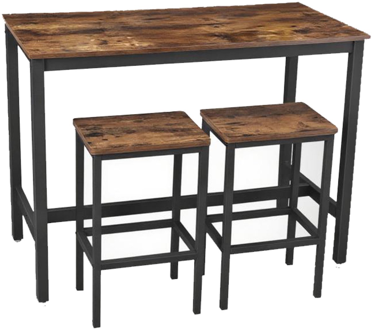 Barset 3-delig Bartafel 120×60×90cm + Barkruk 40×30×65cm bruin+Zwart Industrieel ontwerp Krukken kunnen onder de tafel geschoven worden voor ruimtebesparing Geschikt voor keuken, woonkamer en feestruimte