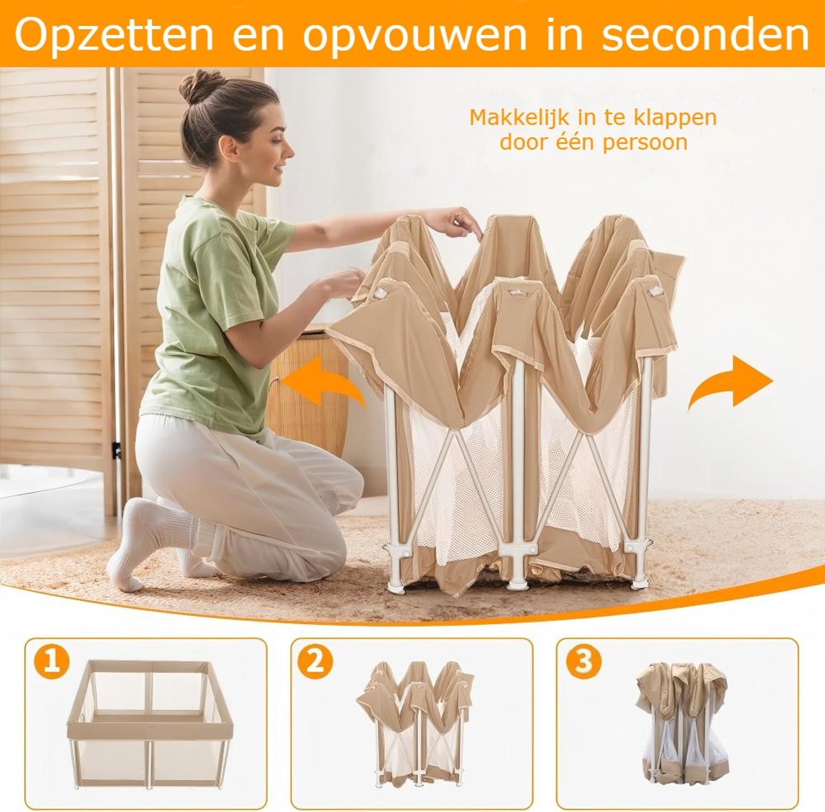 Grondbox – inklapbare box – box – speelbox – box voor baby’s – playpen – 125x125x65 cm – incl. 50 ballen, speelmat en opbergtas thumbnail 3