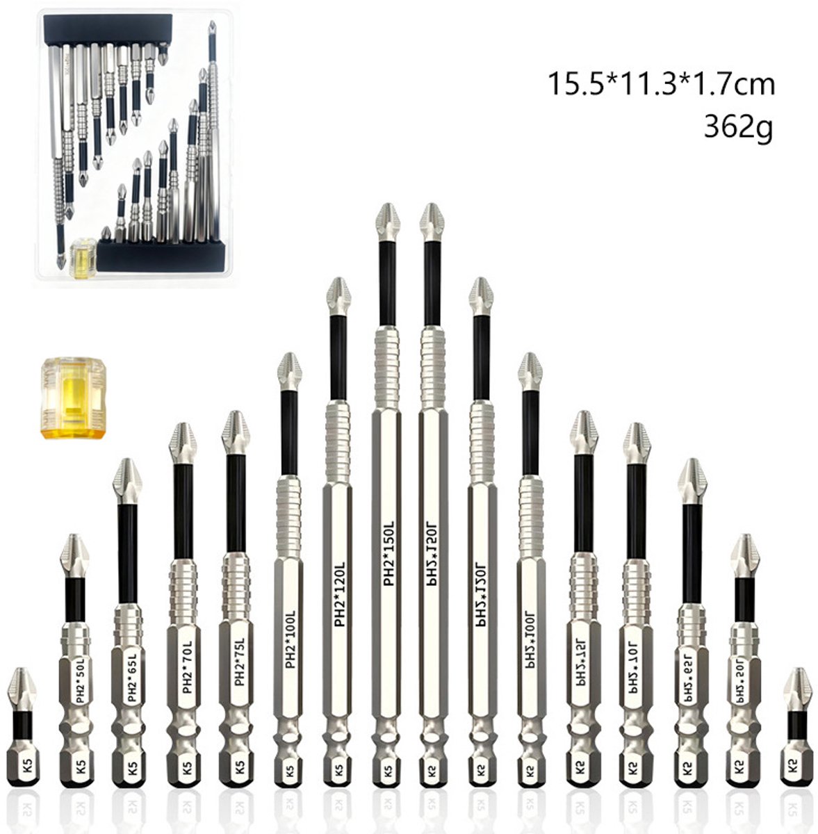 K5 Antislip Phillips-schroevendraaierbits, extra hard, hoge hardheid, slagvast, elektrische boormachine, elektrische schroevendraaierset (19 stuks)