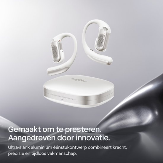 Witte Shokz OpenFit Pro oordopjes met oplaadcase. Ultra-slank aluminium ontwerp.