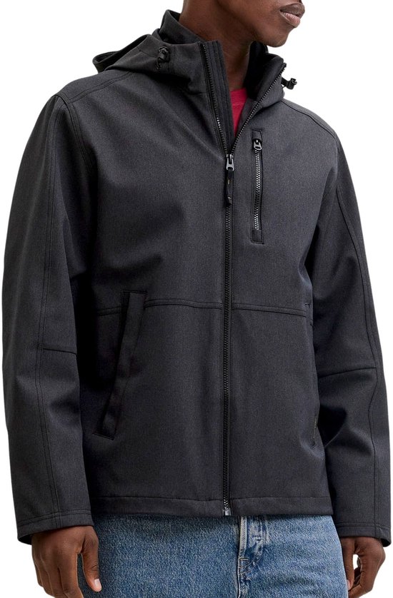 Veste Jack & Jones gris foncé à capuche, zips et un t-shirt rouge.