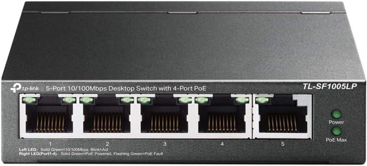Niet-beheerde 5-poorts Fast Ethernet Switch met 4x PoE (41W Budget)