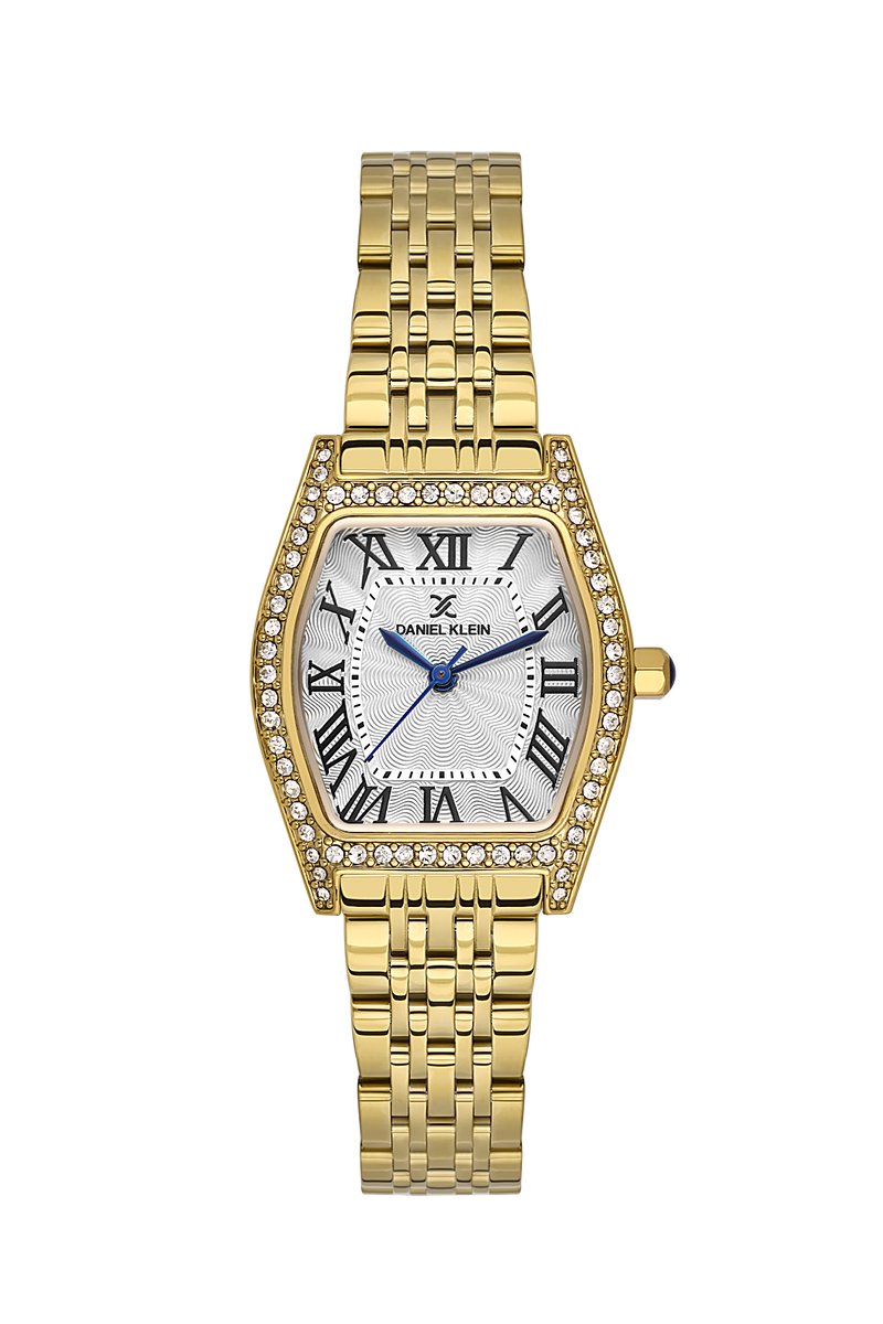 Daniel Klein DK.1.14106-2 - Horloge - Polshorloge - Analoog - Dames - Vrouwen - Ovaal - Stalen band - Metaal - Romeinse cijfers - Strepen - Briljant - Bolletjes - Goudkleurig - Wit - Zwart - Donkerblauw