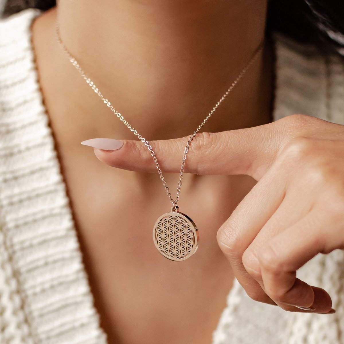 Hey Happiness Levensbloem Ketting Dames Roestvrij Staal 18K Roségoud – Met Mandala Hanger – Verstelbaar – Roségoud