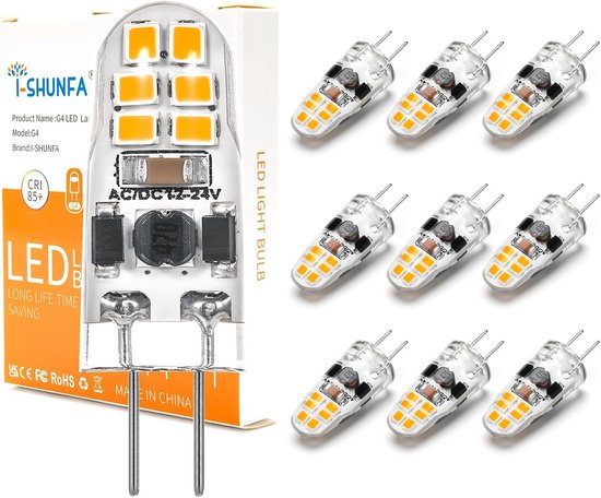 Set van 10 dimbare G4 LED lampjes 1.2W 12-24V Warm Wit 3000K vervangt ...