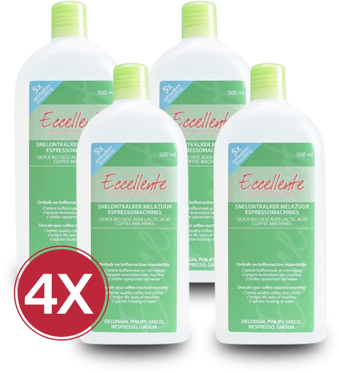 4x Eccellente Ontkalker 500 ml voor De’Longhi – 20 Ontkalkingsbeurten – EcoDecalk alternatief DLSC500 / SER3018