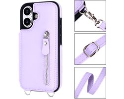 Casemania Hoesje Geschikt voor Apple iPhone 17 - Paars - Luxe Back Cover met Koord en Rits - Wallet Case met Pasjeshouder - Lanyard Telefoonhoes - Cord Case