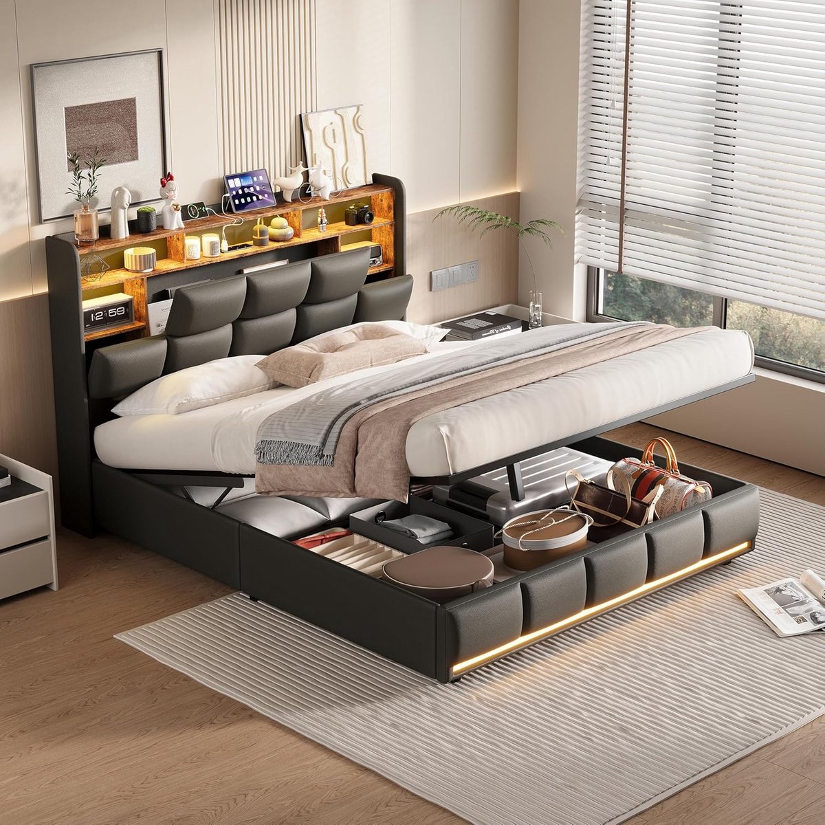 Tweepersoons Bed 160x200 met Opbergruimte, Hydraulisch Mechanisme en LED Verlichting