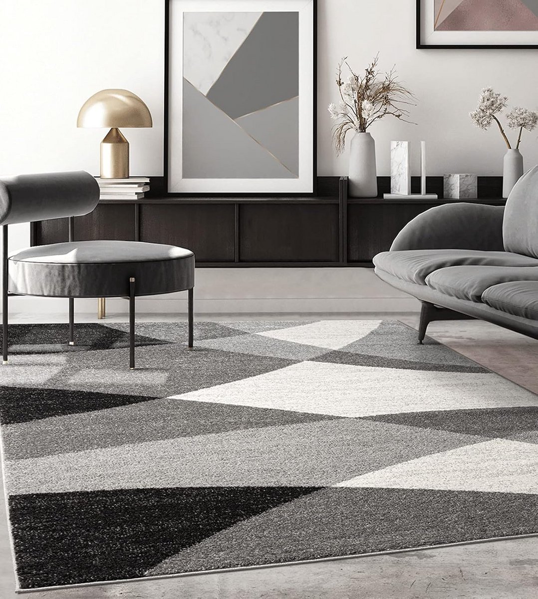 Modern Grijs Laagpolig Vloerkleed 160x220 cm met Geometrisch Golfpatroon - Geschikt Vloerv