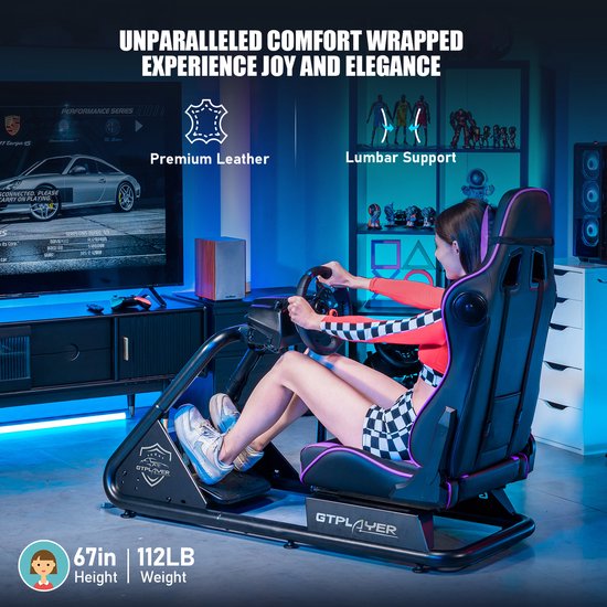 Racestoel, Simulator Cockpit, SIM Racing Cockpit, racesimulator stuurwielstandaard met luidsprekers, stuurwiel en pedaalsteun, Paars van Vevor — afbeelding 4